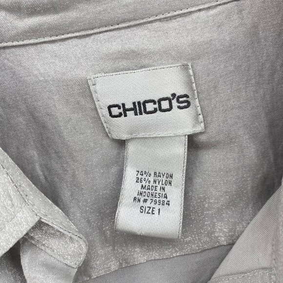 Chicos Shirt Womens 1 US Medium Silver Shimmer Button Up Collared Long Sleeves - Picture 5 of 9